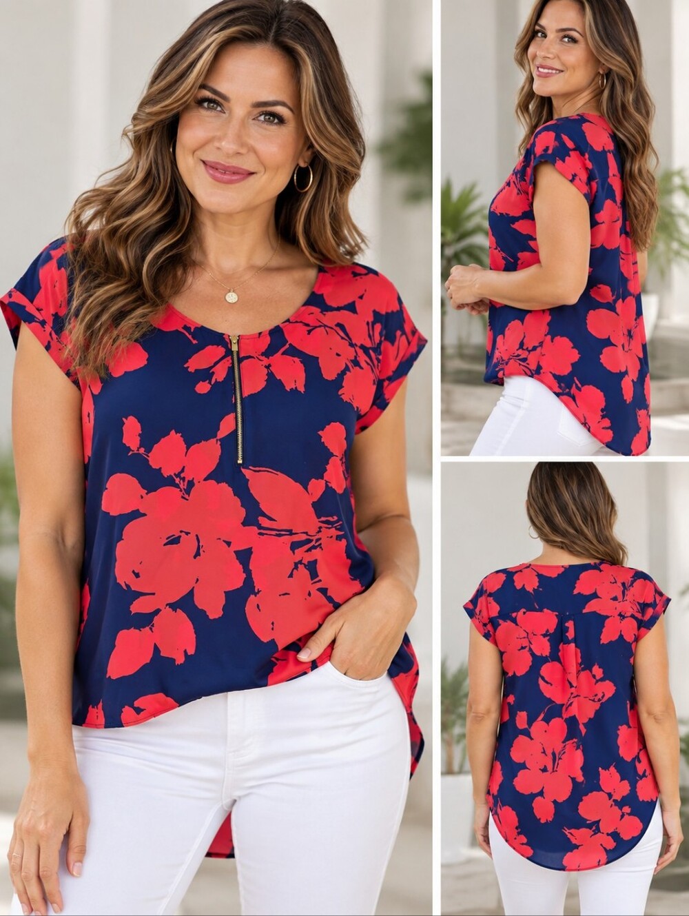 Bold Elements Navy and Red Floral Zip Front Blouse Sz Xl